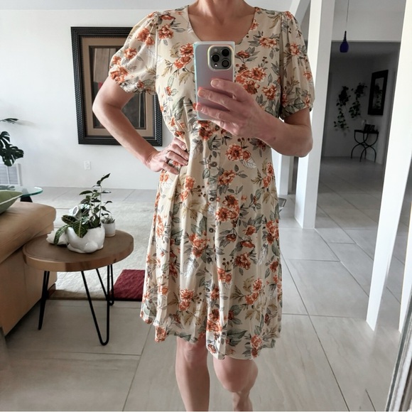 Sirenlily Mesh Fit and Flare Knee Lenght Dress Natural Floral Print Size M - Picture 1 of 11